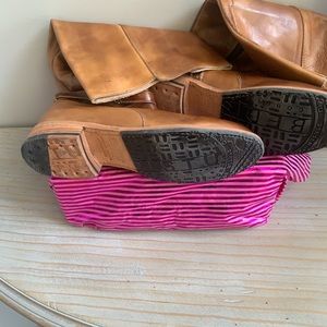 Coffee Brown To the Knee Boots with a Track leather Heel.